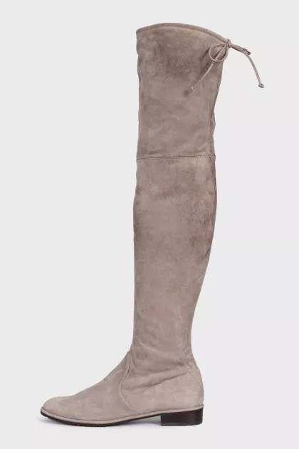 Gray suede over-the-knee boots with lace-up closures