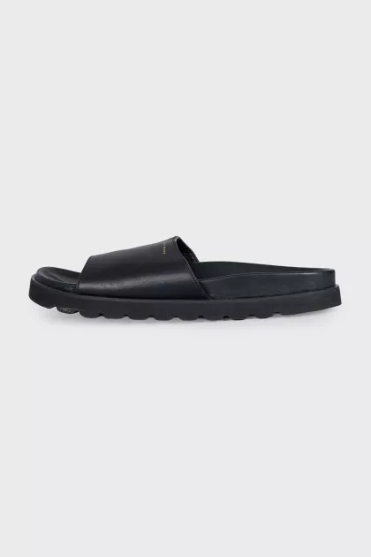 Men's black leather flip flops with logo