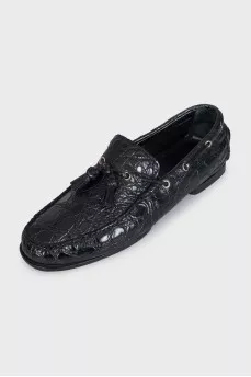 Men's black leather loafers with decor