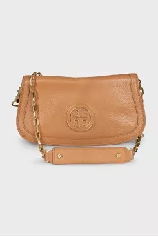 Brown leather bag with gold logo