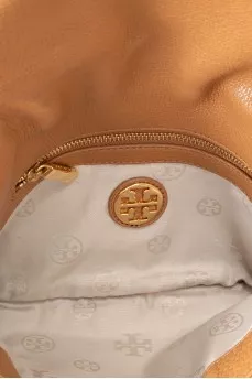 Brown leather bag with gold logo
