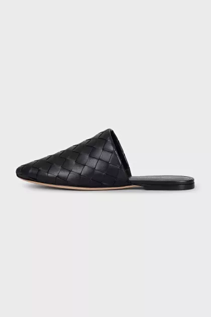 Black leather weave mules