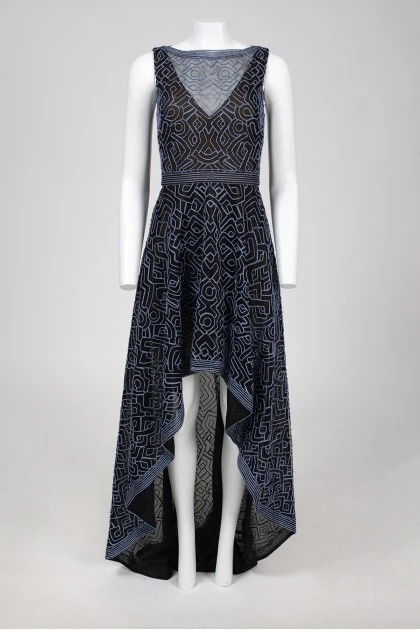 Evening dark blue dress in the floor with tag