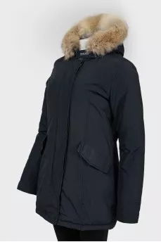 Navy blue jacket with fur hoodonet