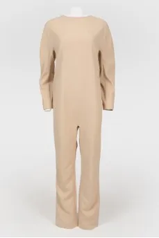 Beige back zip jumpsuit