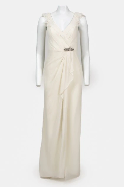 Evening milky floor-length dress with flounces