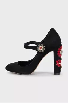 Suede pumps with crystal-embellished heels