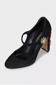 Suede pumps with crystal-embellished heels