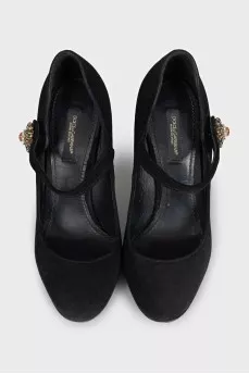 Suede pumps with crystal-embellished heels