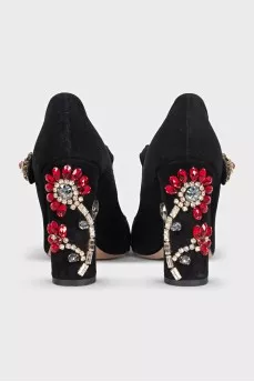 Suede pumps with crystal-embellished heels