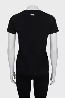 Black fitted T-shirt with a branded print