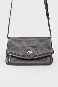 Black leather handbag on a zipper and button