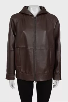 Brown leather jacket with a hood