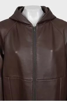Brown leather jacket with a hood