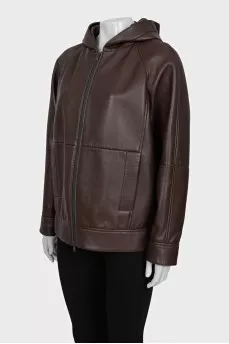 Brown leather jacket with a hood
