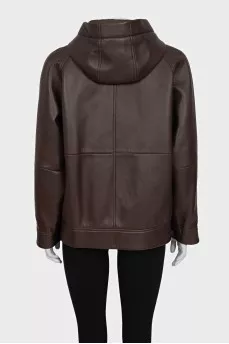 Brown leather jacket with a hood