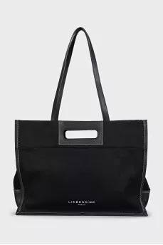 Rectangular textile bag with leather handles