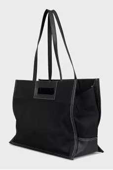 Rectangular textile bag with leather handles