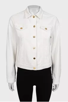 White denim jacket with gold buttons