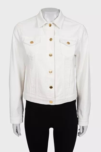 White denim jacket with gold buttons
