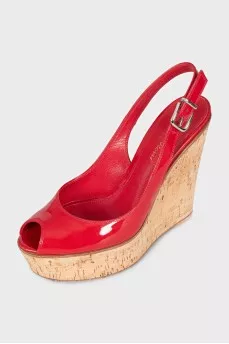 Red leather wedge sandals