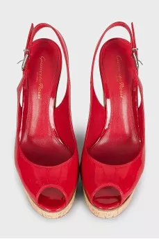 Red leather wedge sandals