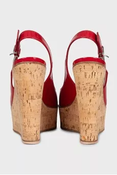 Red leather wedge sandals