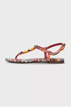 Leather sandals with a print and crystal embellishments