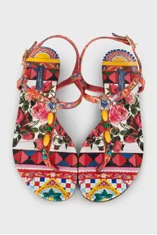Leather sandals with a print and crystal embellishments