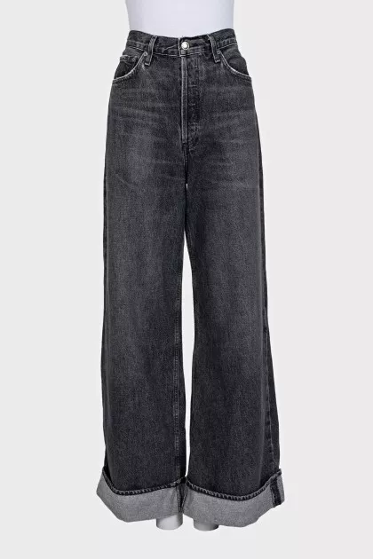 Gray flared jeans with patch pockets
