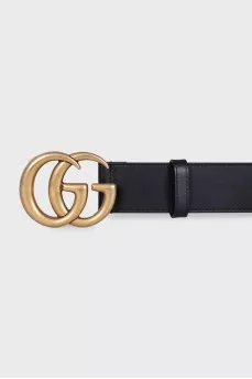 Black leather belt with logo buckle
