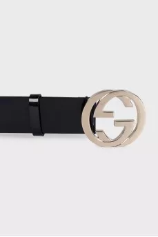 Black leather belt with logo buckle