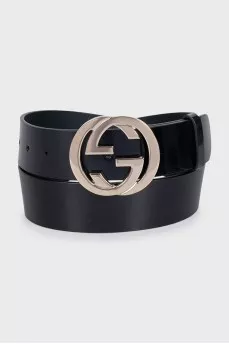 Black leather belt with logo buckle