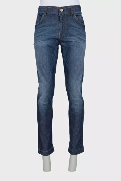 Men's blue jeans with silver logo