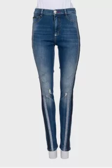 Blue jeans with shiny inserts