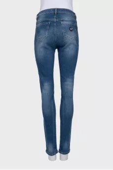 Blue jeans with shiny inserts