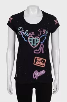 Black T-shirt with a signature print and rhinestones