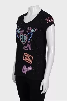 Black T-shirt with a signature print and rhinestones