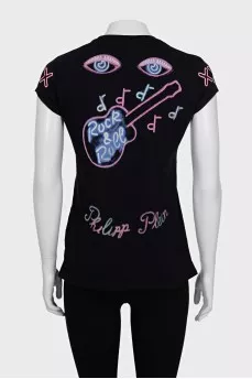 Black T-shirt with a signature print and rhinestones