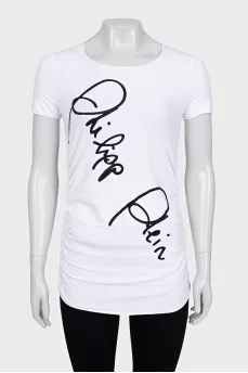 White T-shirt with a signature print and rhinestones