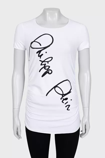 White T-shirt with a signature print and rhinestones