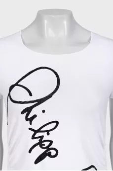 White T-shirt with a signature print and rhinestones