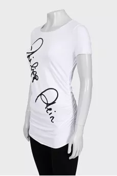 White T-shirt with a signature print and rhinestones