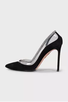 Suede shoes with rhinestones and transparent inserts