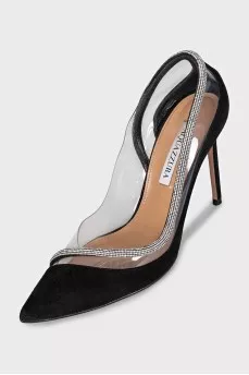 Suede shoes with rhinestones and transparent inserts