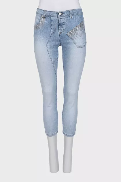 Голубі джинси skinny fit декоровані стразами