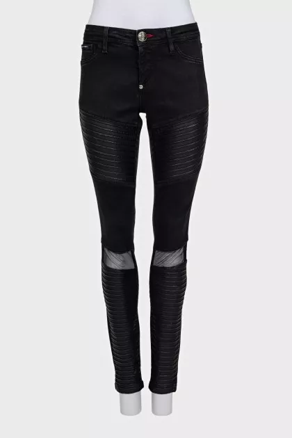 Чорні джинси skinny fit зі шкіряними вставками