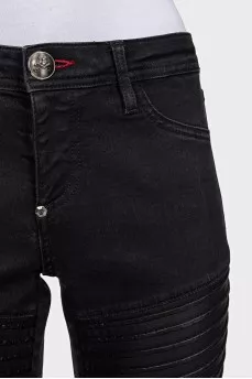 Черные джинсы skinny fit с кожаными вставками
