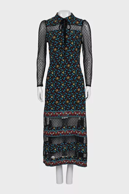 Straight dress with transparent printed inserts