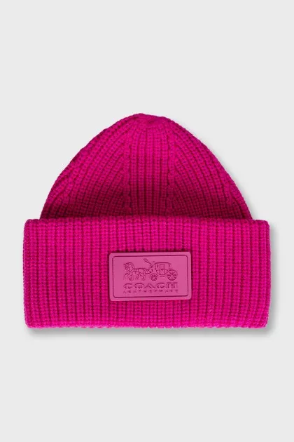 Pink knitted hat with logo